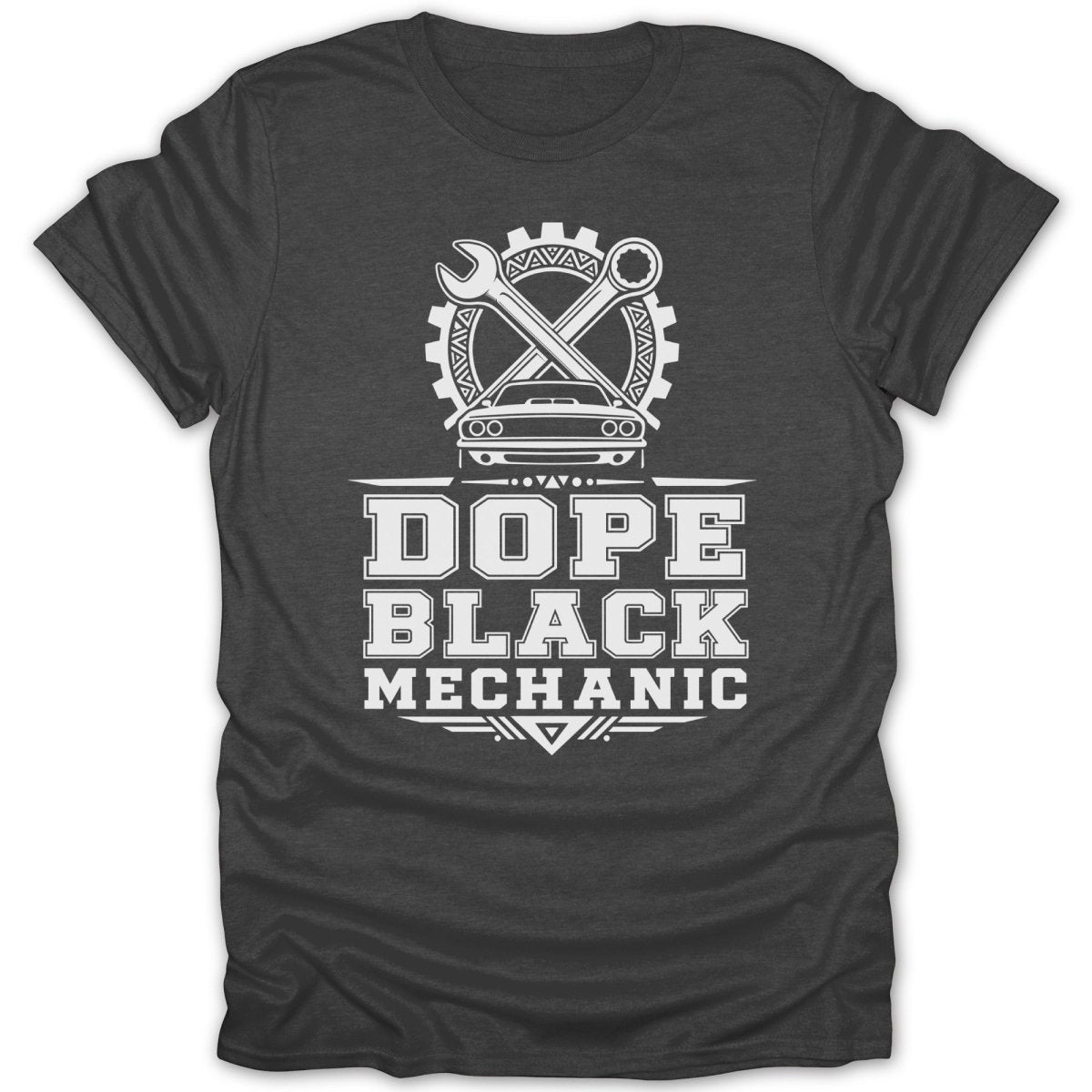 Dope Black Mechanic with car, wrenches, and gear graphic on a charcoal t-shirt.