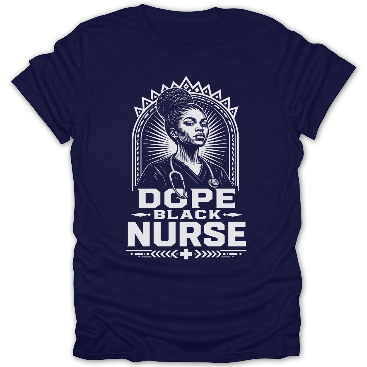 Navy t-shirt with graphic of a Black nurse and text DOPE BLACK NURSE.