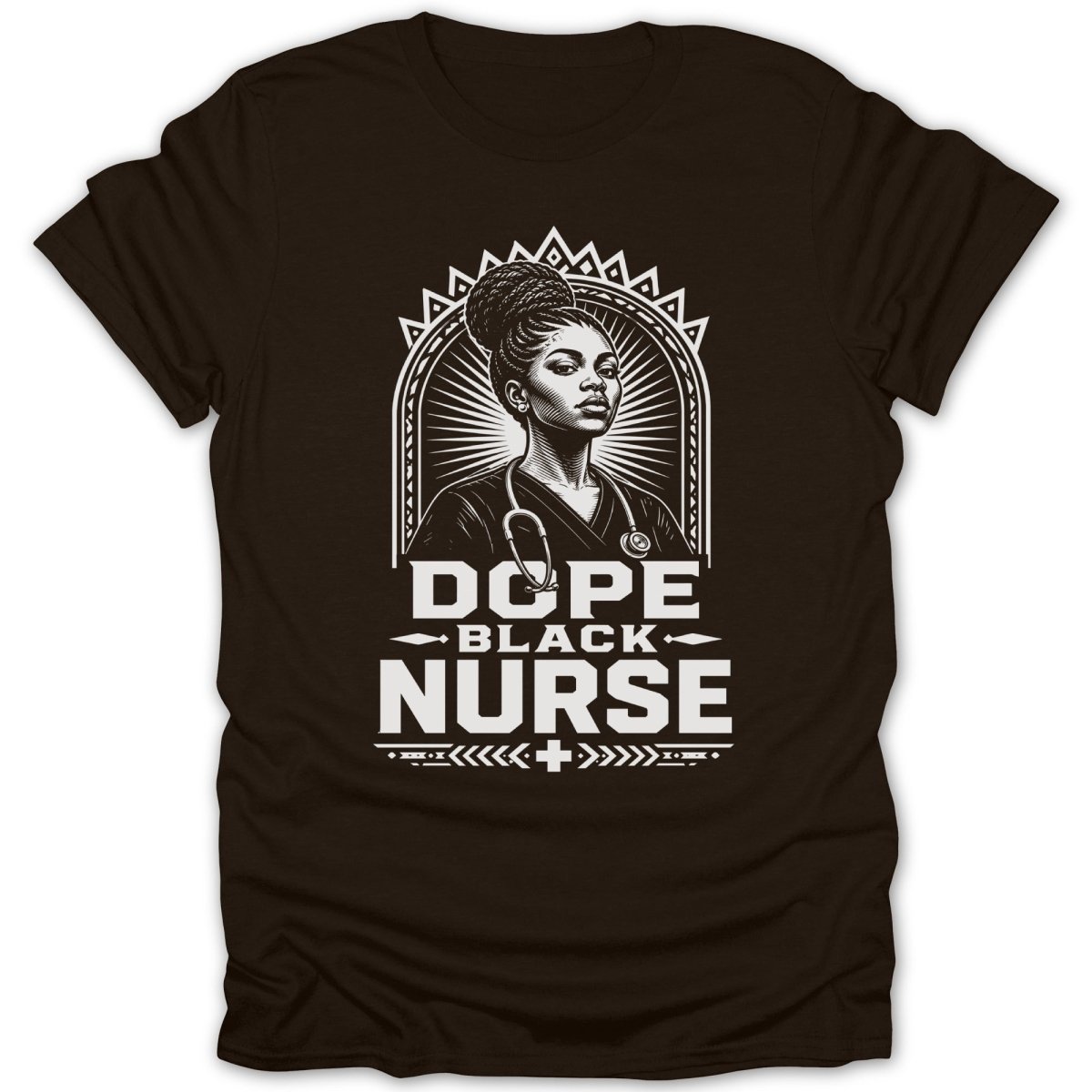 Black nurse portrait with text "DOPE BLACK NURSE" on a brown t-shirt.