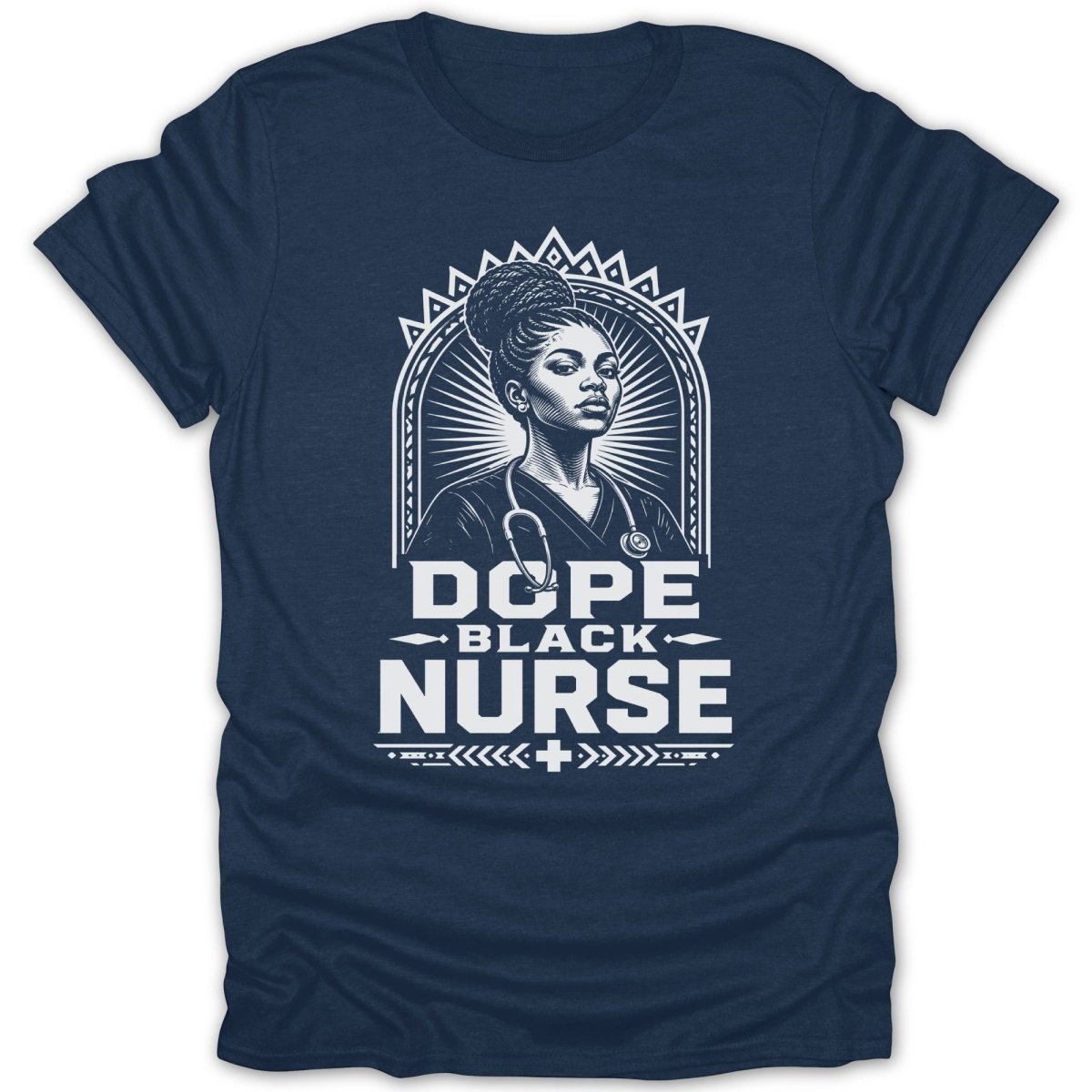Dark blue t-shirt with a graphic of a Black nurse and the text "DOPE BLACK NURSE".