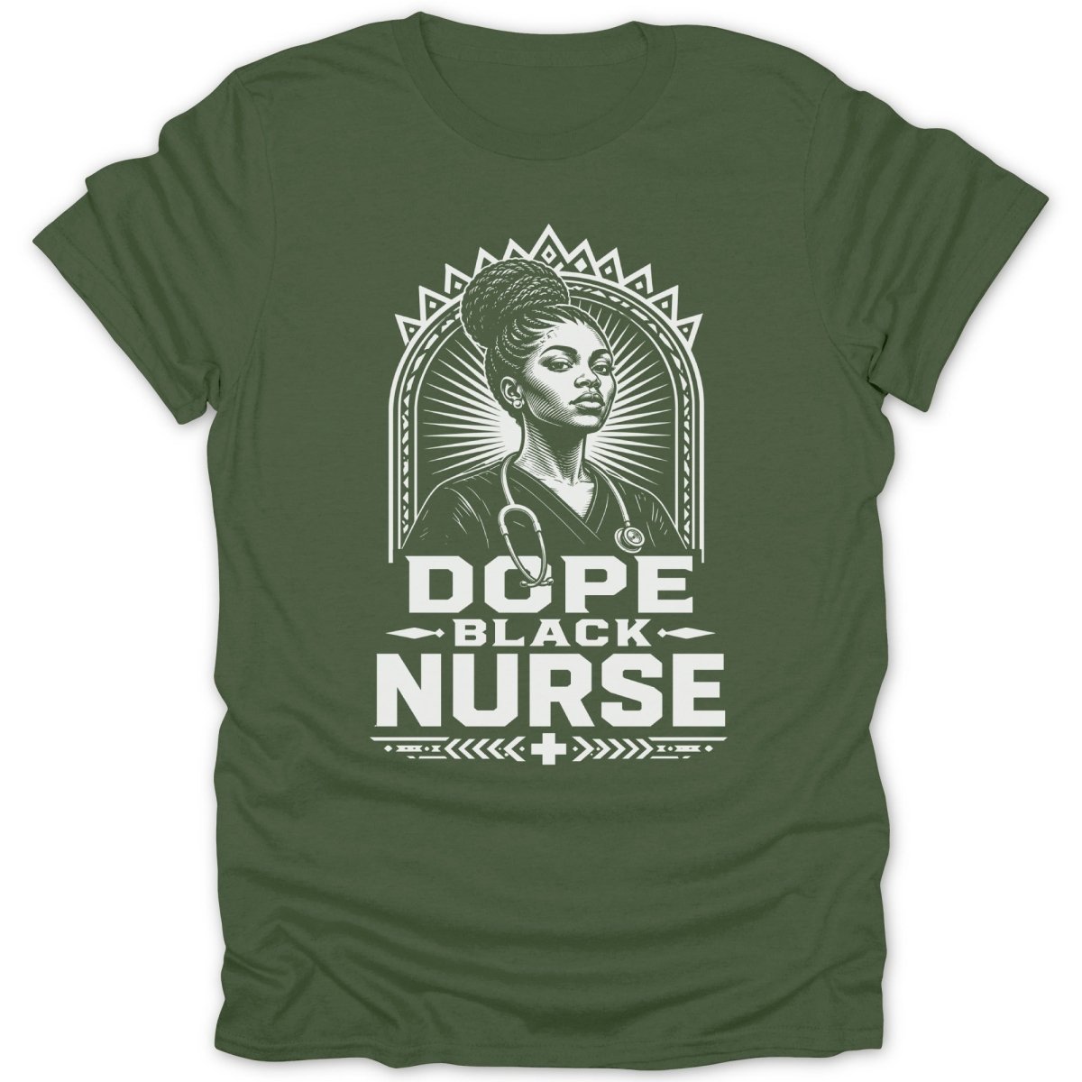 Green t-shirt featuring a black and white illustration of a nurse with text "Dope Black Nurse."