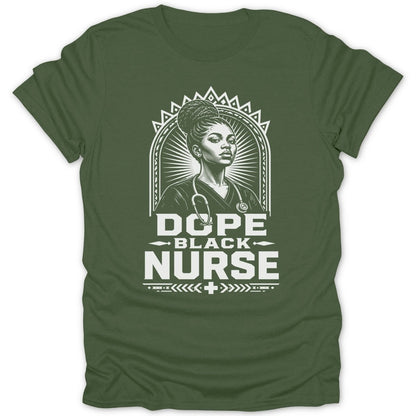 Green t-shirt featuring a black and white illustration of a nurse with text "Dope Black Nurse."