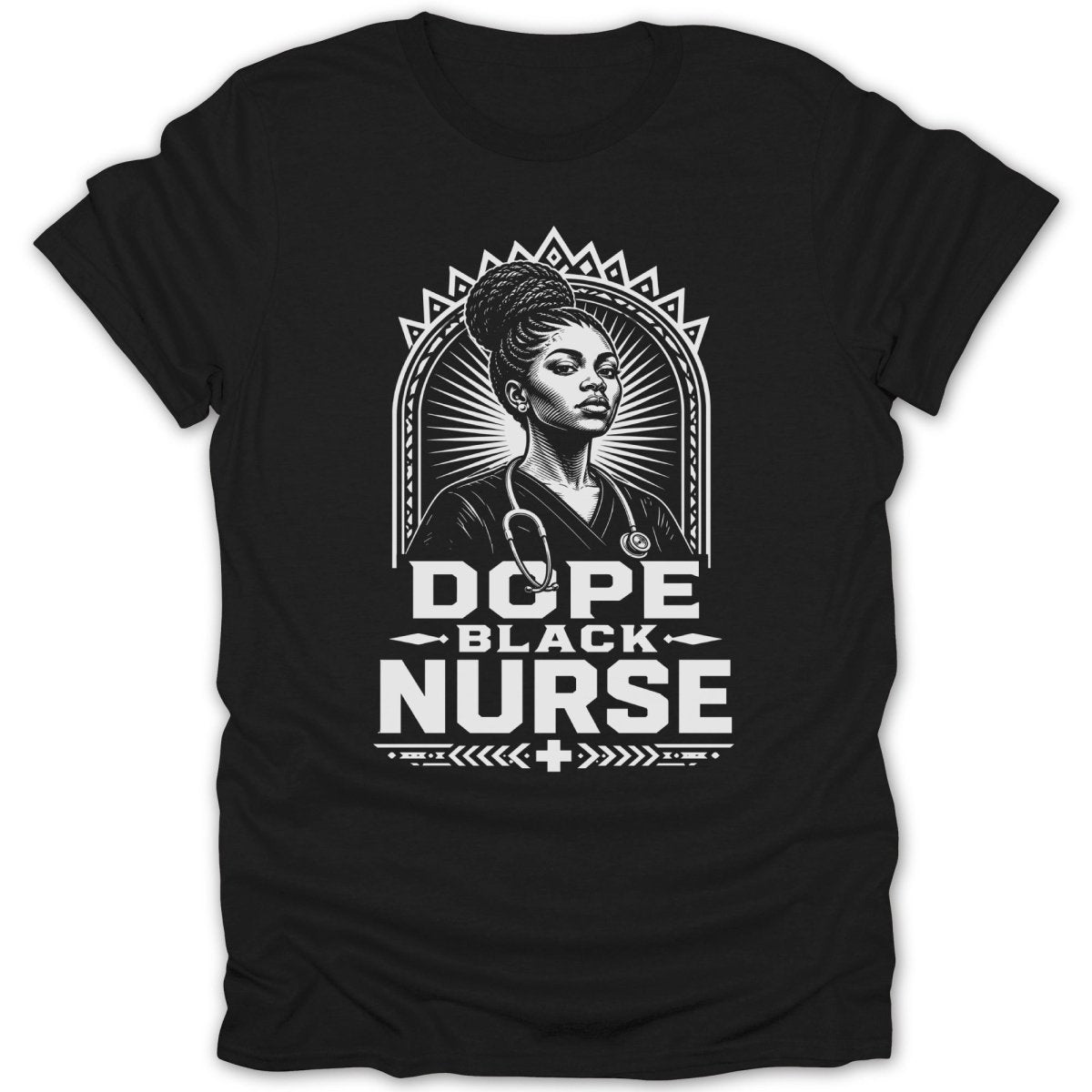 Black t-shirt with "Dope Black Nurse" graphic featuring a portrait of a Black nurse.
