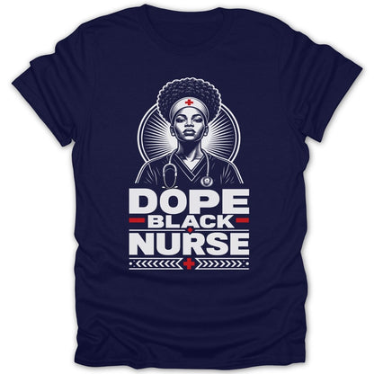 Graphic of a Black nurse with stethoscope, text reads "Dope Black Nurse".
