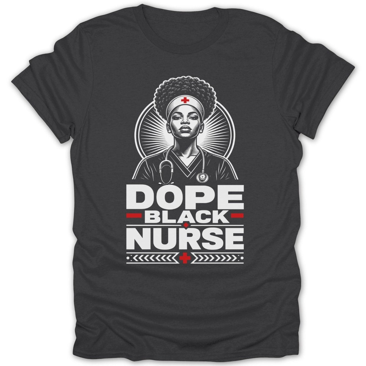Dope Black Nurse t-shirt with graphic of a Black nurse and text.