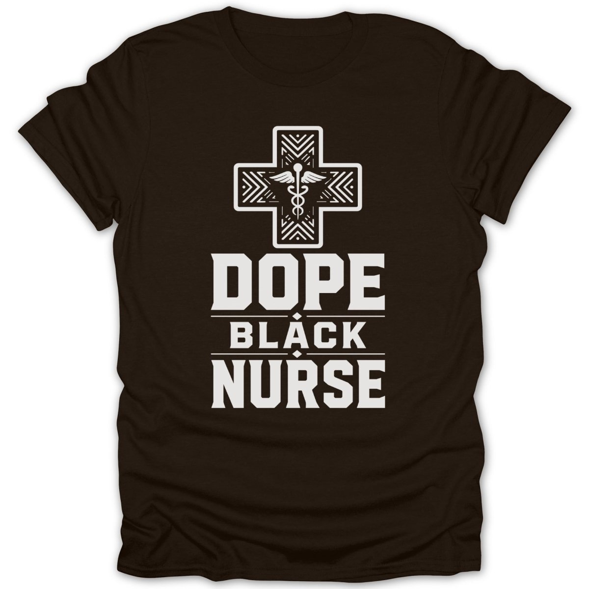 Black t-shirt with white "DOPE BLACK NURSE" text and medical cross logo.