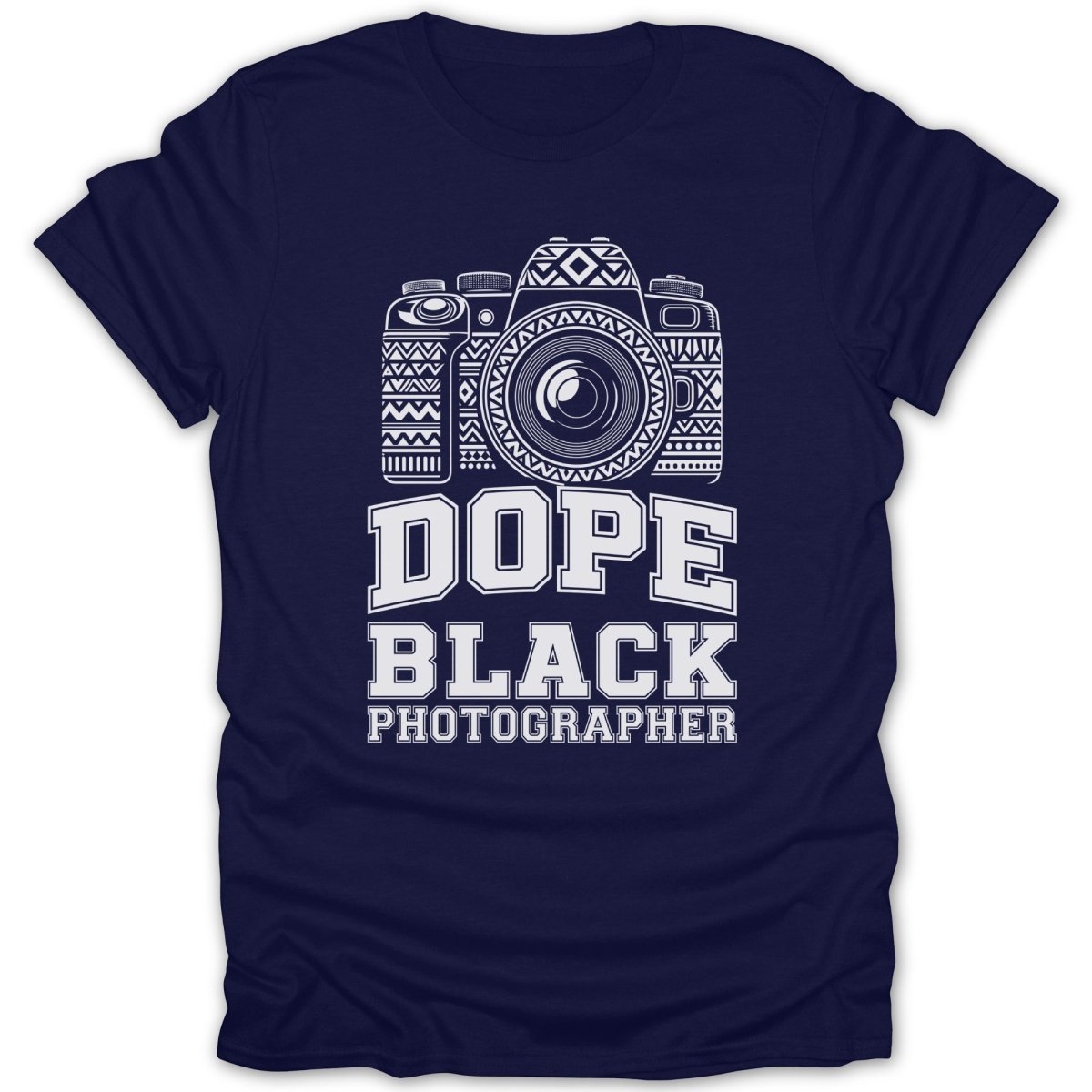 Navy t-shirt with a white graphic of a camera and the text "DOPE BLACK PHOTOGRAPHER".
