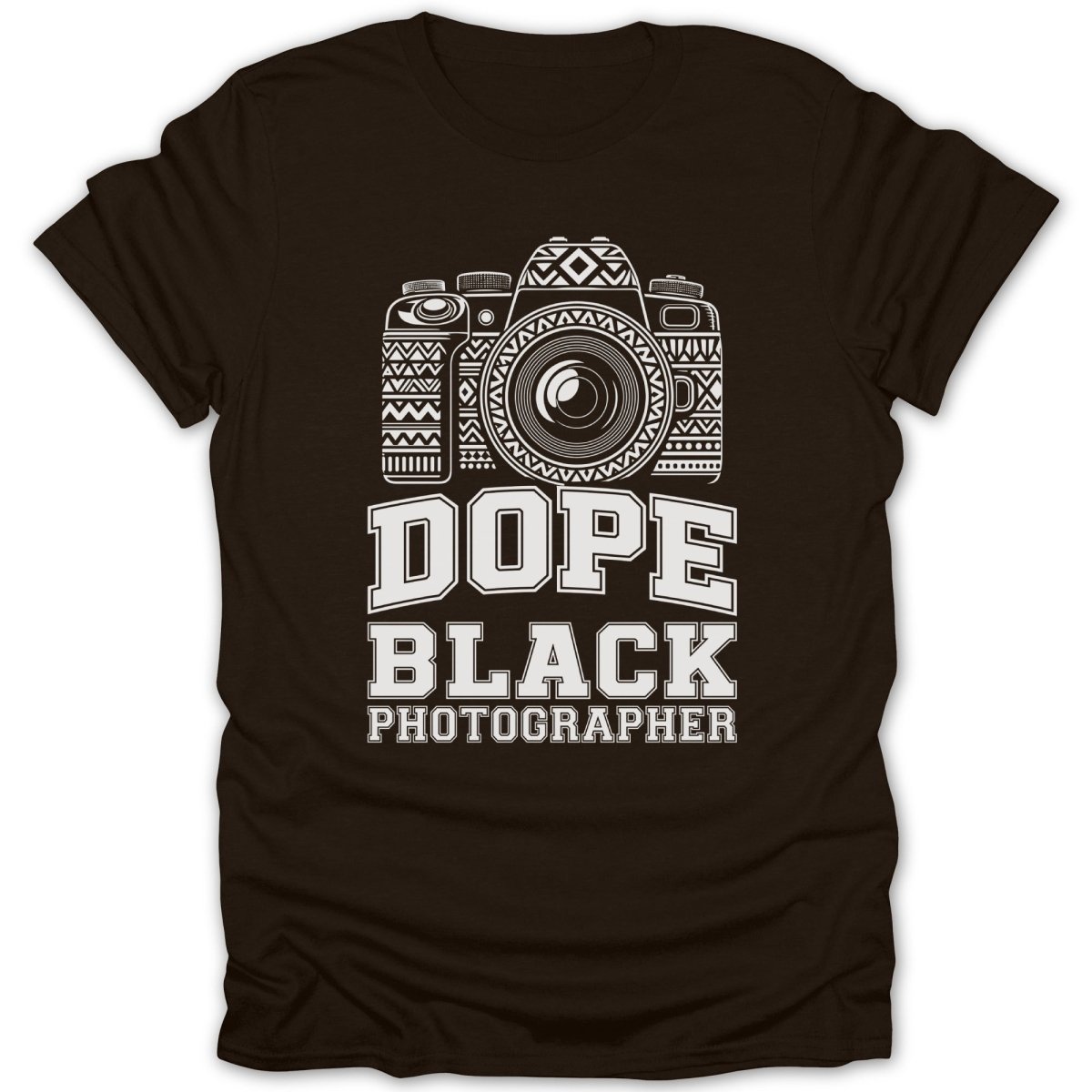 Brown t-shirt with white graphic of vintage camera and text "DOPE BLACK PHOTOGRAPHER".