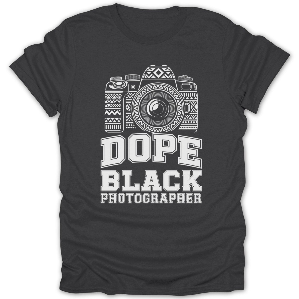 Dark t-shirt with white graphic of a camera and text "DOPE BLACK PHOTOGRAPHER".