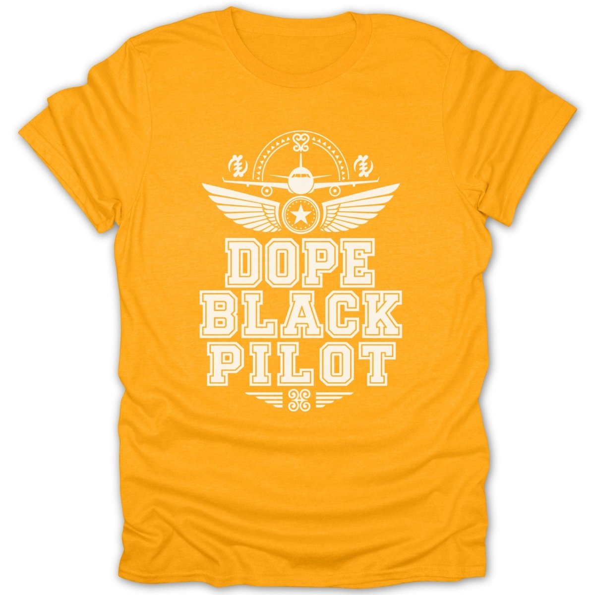 Yellow t-shirt with white text and graphic of an airplane and wings.