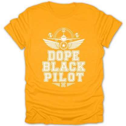 Yellow t-shirt with white text and graphic of an airplane and wings.