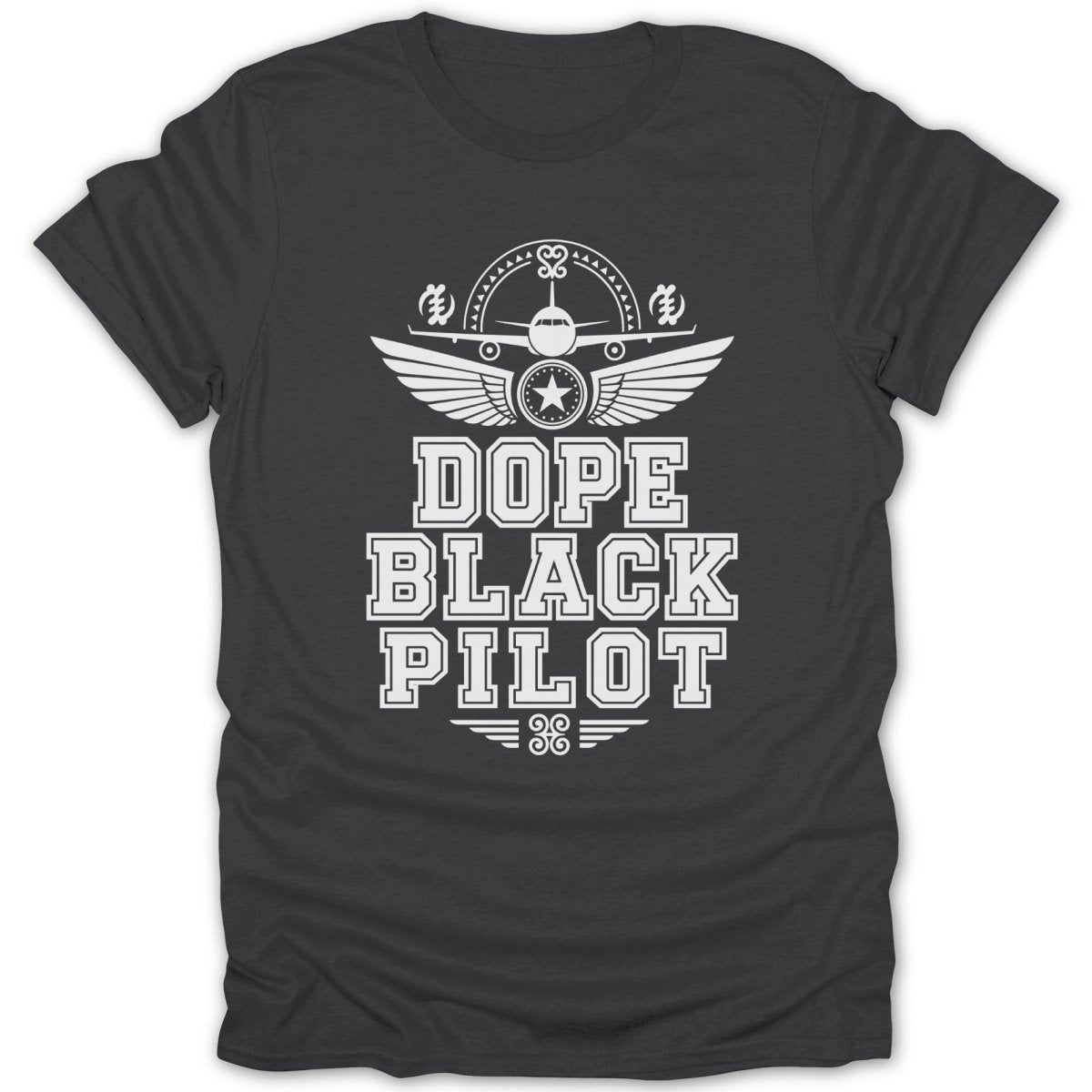 Dark grey t-shirt with white text and graphics for "DOPE BLACK PILOT".