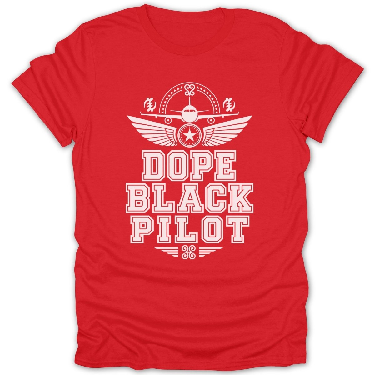 Red t-shirt with white text "DOPE BLACK PILOT" and airplane graphic.