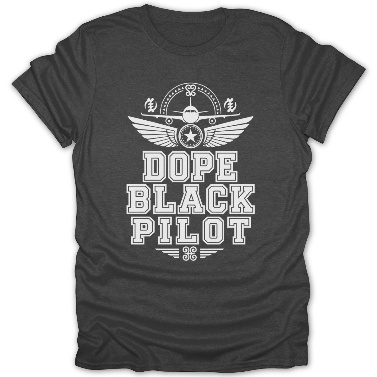 Dark t-shirt with white graphic of airplane, wings, and text "DOPE BLACK PILOT".