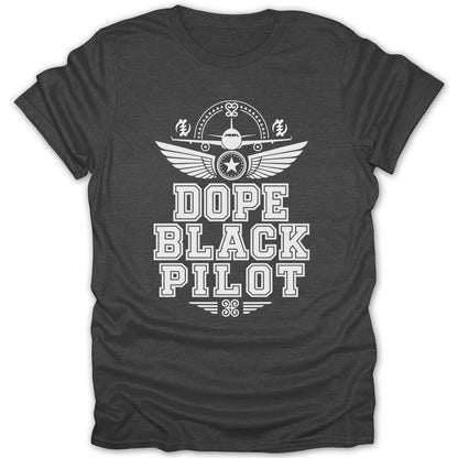 Dark t-shirt with white graphic of airplane, wings, and text "DOPE BLACK PILOT".