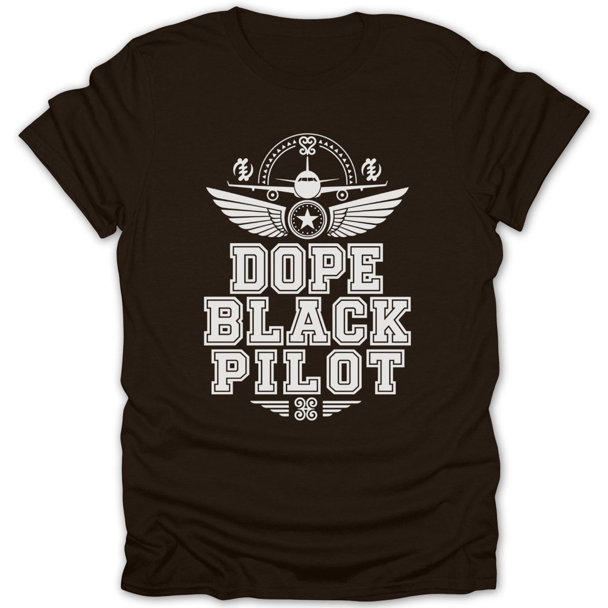 Brown t-shirt with white text and graphics that say "DOPE BLACK PILOT".