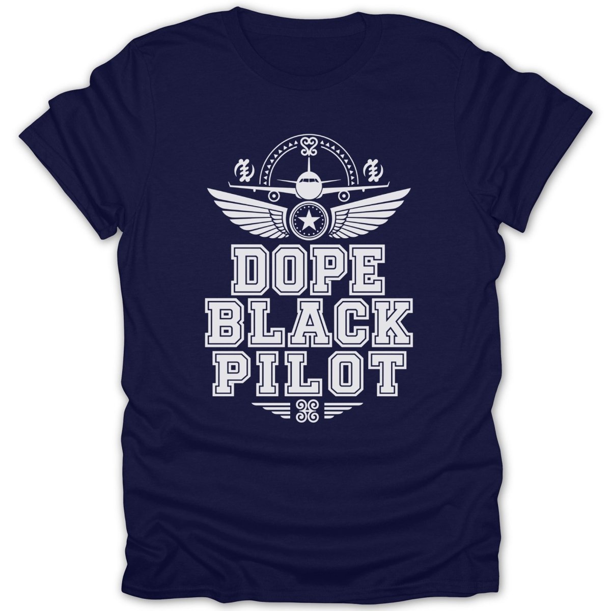 Navy t-shirt with white text and graphic that says "DOPE BLACK PILOT".