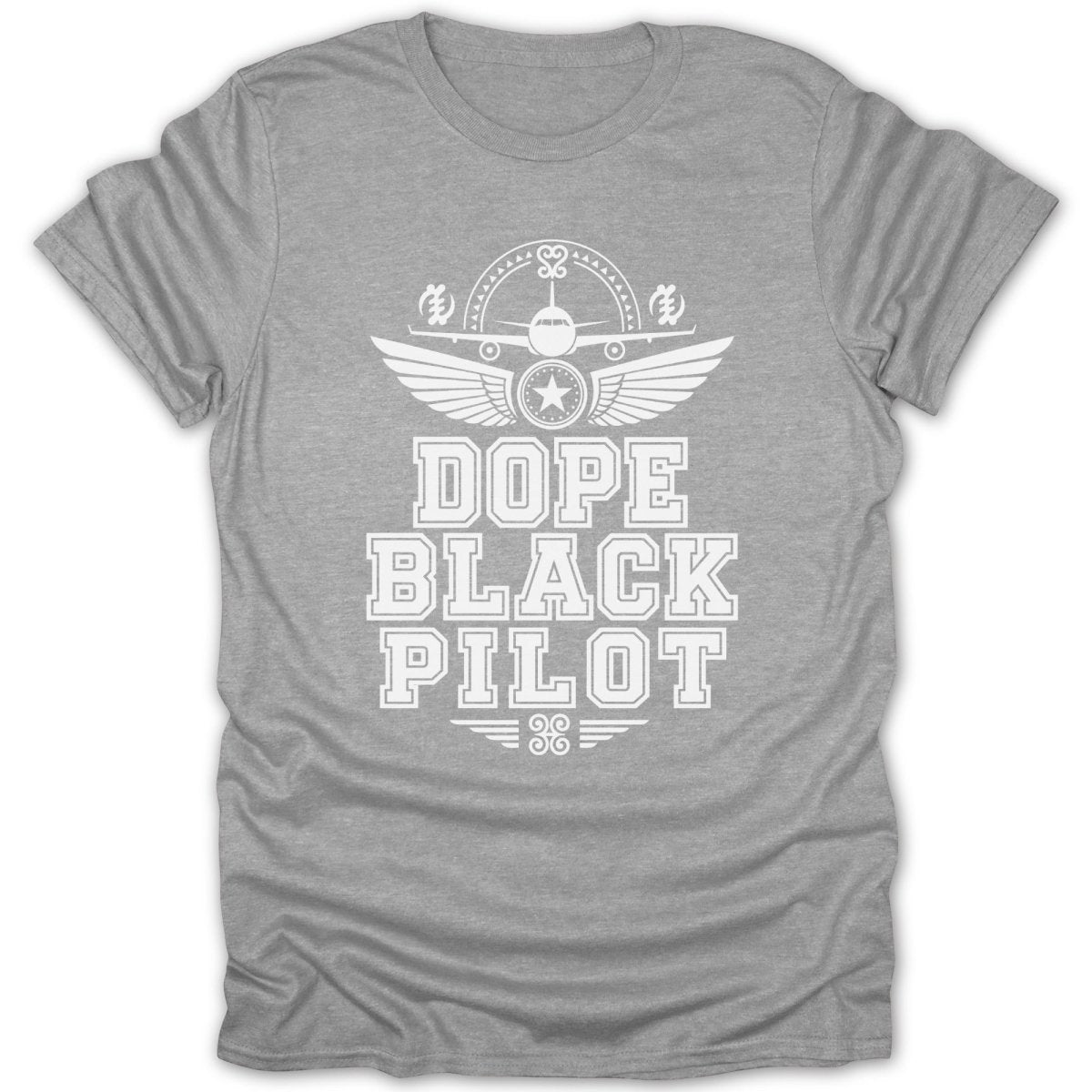 Grey t-shirt with white graphic text "Dope Black Pilot" and aviation elements.
