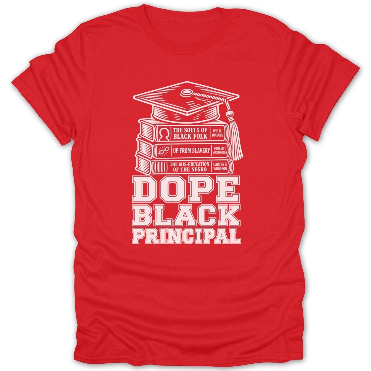 Red t-shirt with white text and graphics of stacked books and a graduation cap.