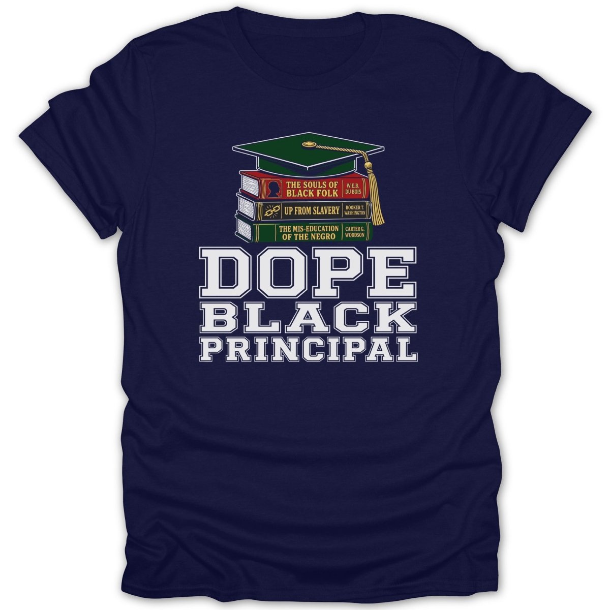 Dope Black Principal text with graduation cap and books graphic on navy t-shirt.