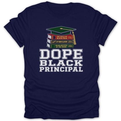 Dope Black Principal text with graduation cap and books graphic on navy t-shirt.