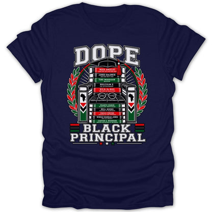 Navy t-shirt with "DOPE BLACK PRINCIPAL" text and book spines of notable Black authors.