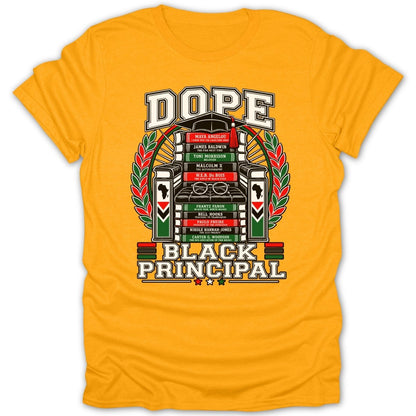 Dope Black Principal shirt features books by influential Black figures and a graduation cap.