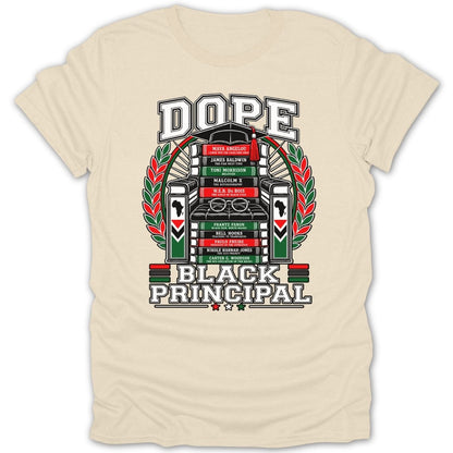 DOPE Black Principal text with authors and books on a cream t-shirt.