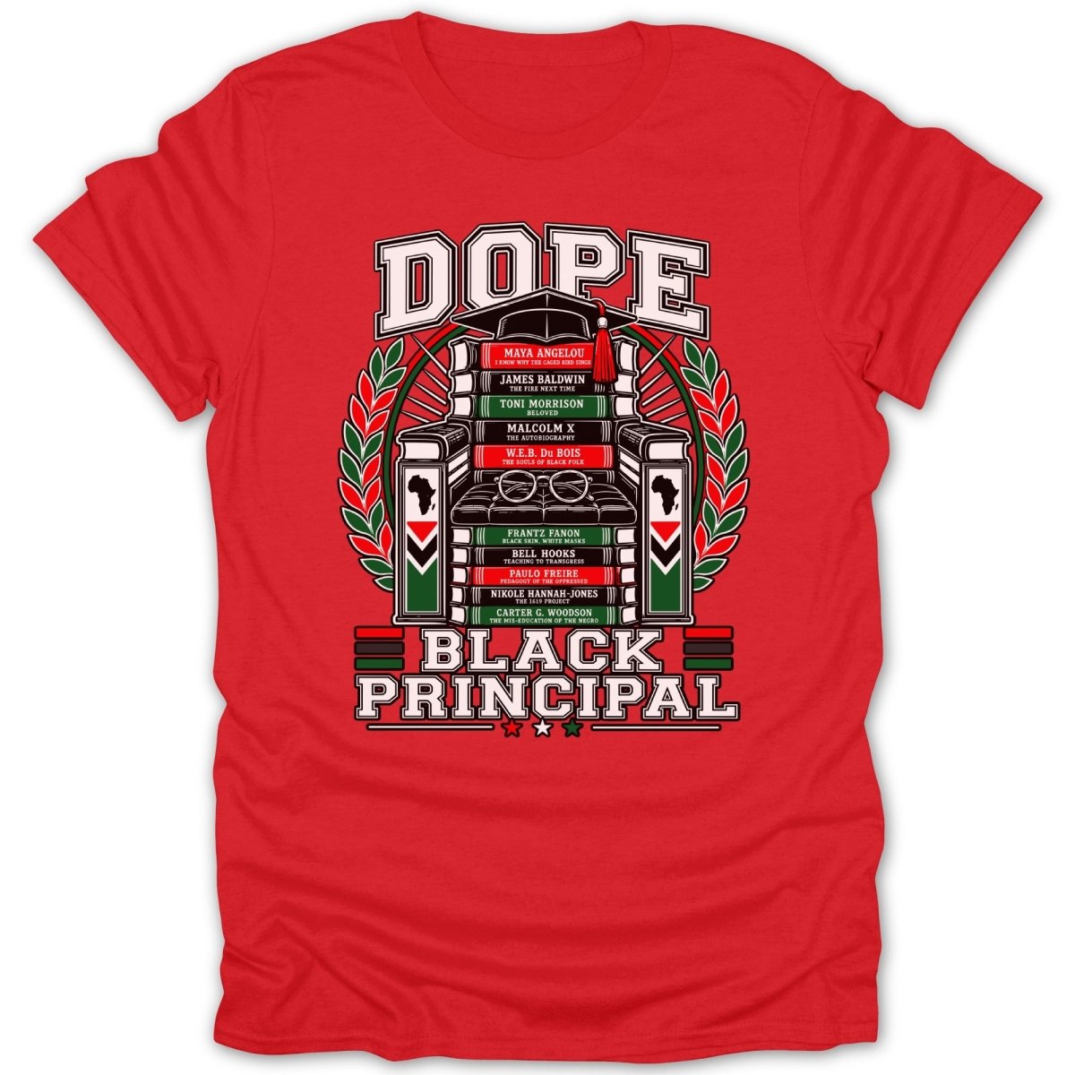 Red t-shirt with "DOPE BLACK PRINCIPAL" and authors' names on books.