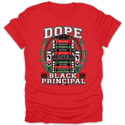 Red t-shirt with "DOPE BLACK PRINCIPAL" and authors' names on books.