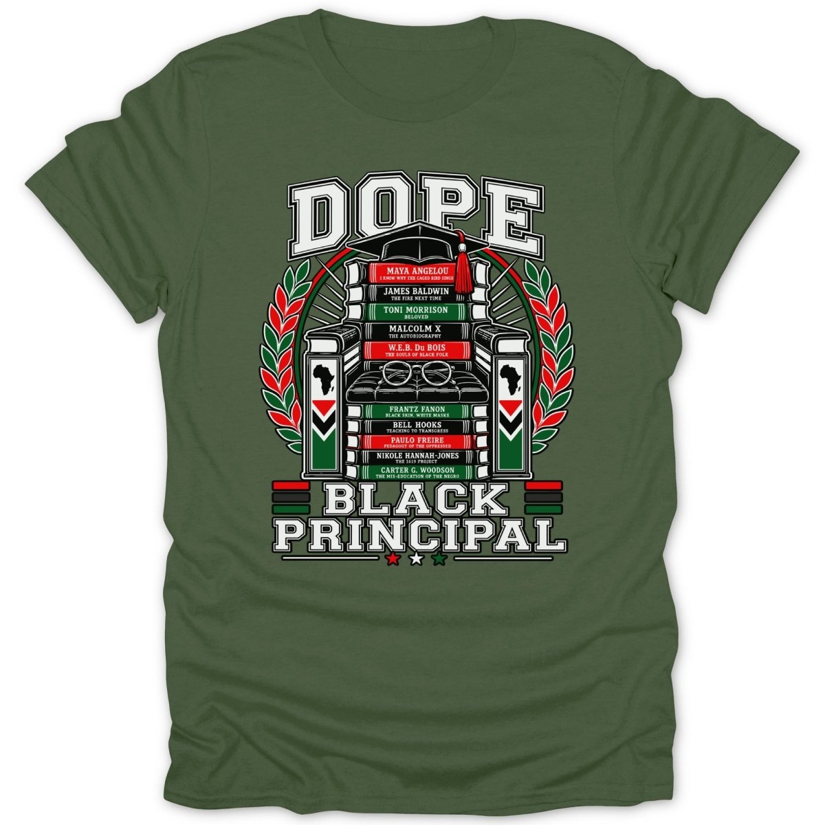 Green t-shirt with "DOPE BLACK PRINCIPAL" text and stacks of books.