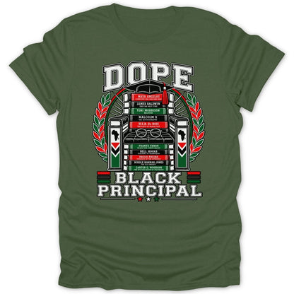 Green t-shirt with "DOPE BLACK PRINCIPAL" text and stacks of books.