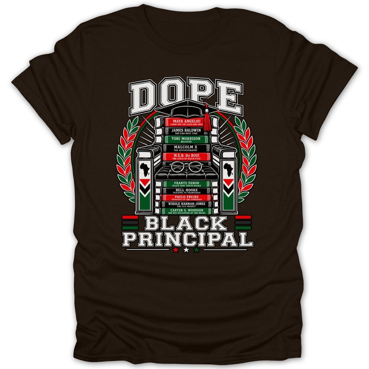 DOPE Black Principal graphic with a stacked bookshelf, graduation cap, and laurel wreath.