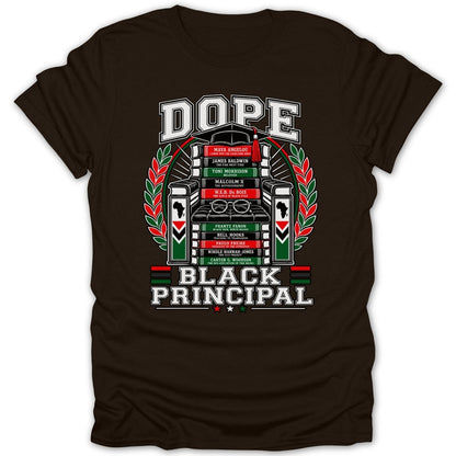 DOPE Black Principal graphic with a stacked bookshelf, graduation cap, and laurel wreath.
