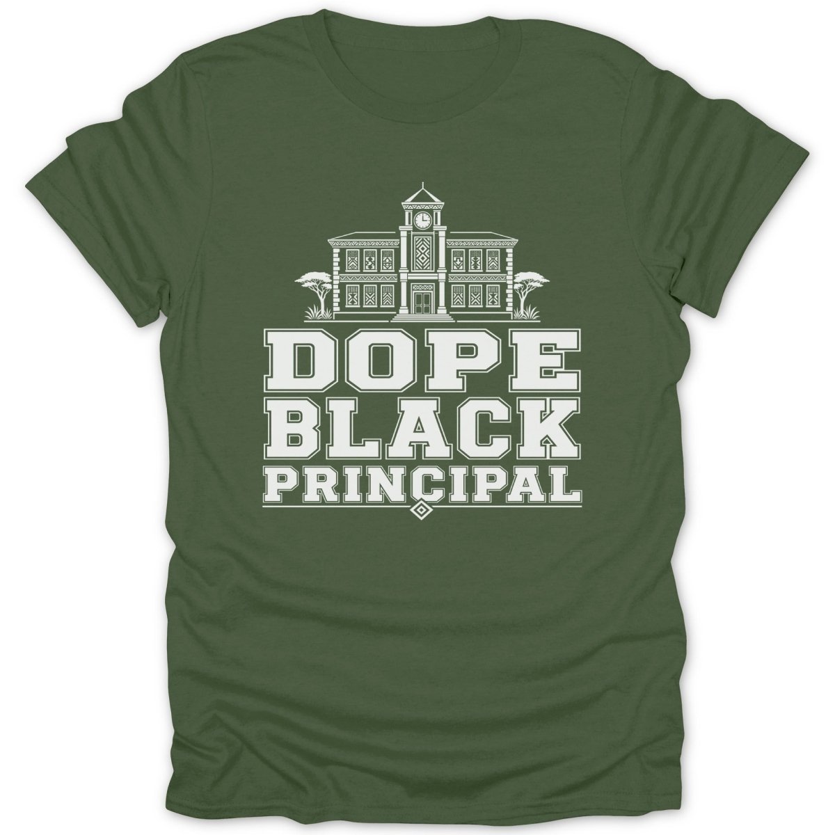 Green t-shirt with "Dope Black Principal" text and a building graphic.