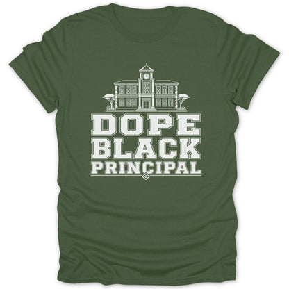 Green t-shirt with "Dope Black Principal" text and a building graphic.