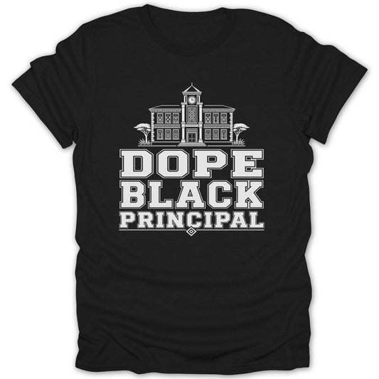 Black t-shirt with white text "Dope Black Principal" and building graphic.