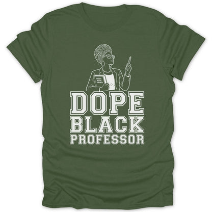 Green t-shirt with white text and graphic: "Dope Black Professor" and a woman.