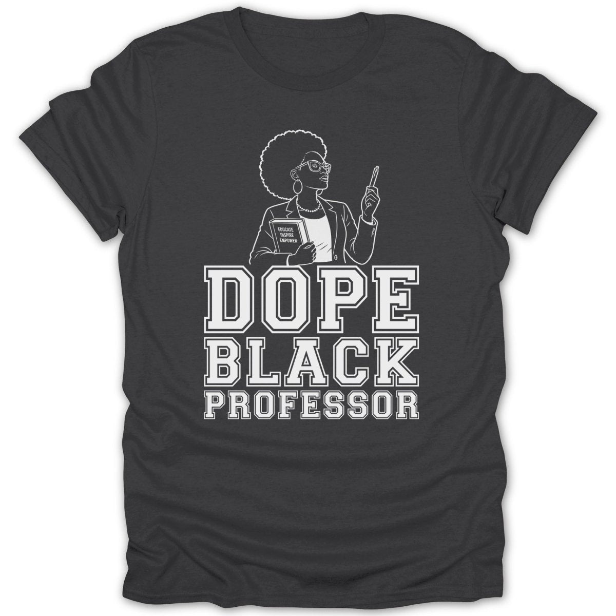 Dope Black Professor graphic with a woman holding a book and pen.
