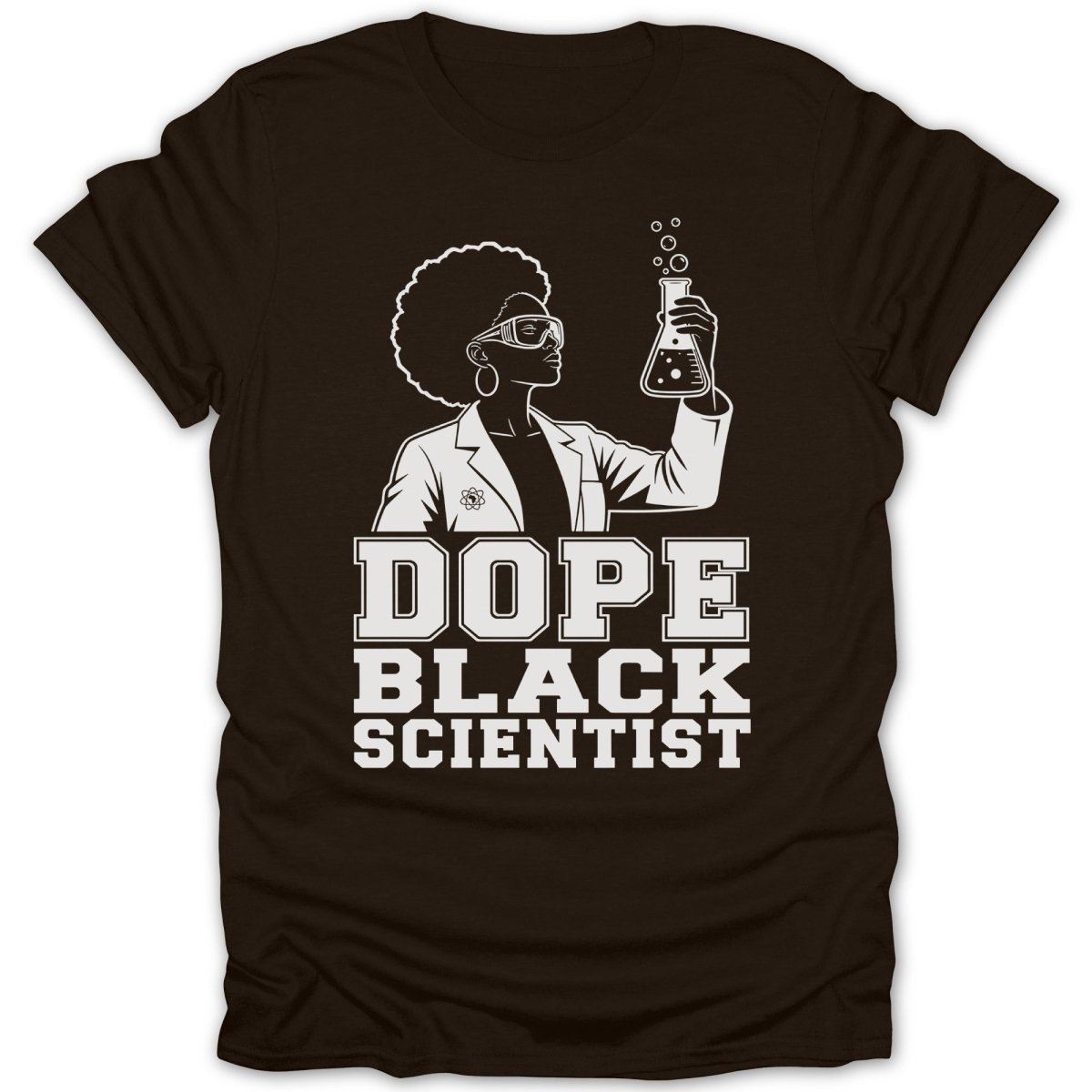 Woman with afro and goggles holds flask, text says "DOPE BLACK SCIENTIST".