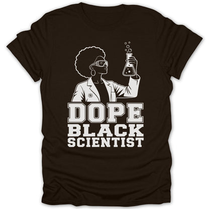 Woman with afro and goggles holds flask, text says "DOPE BLACK SCIENTIST".