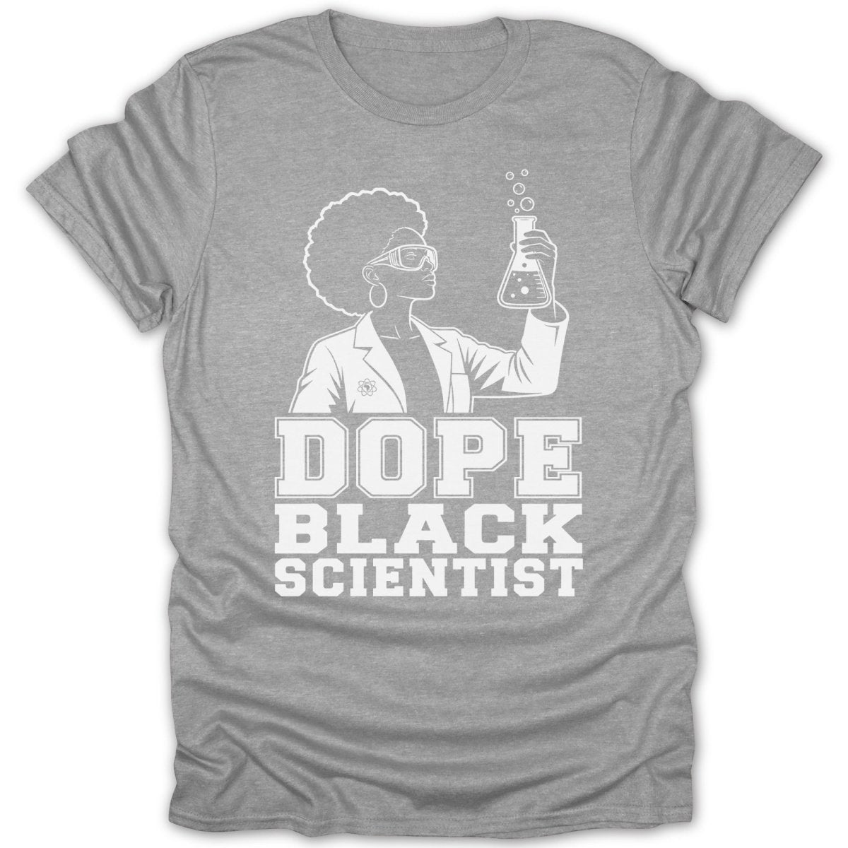 White graphic on grey t-shirt depicts a woman with afro and goggles holding a flask.
