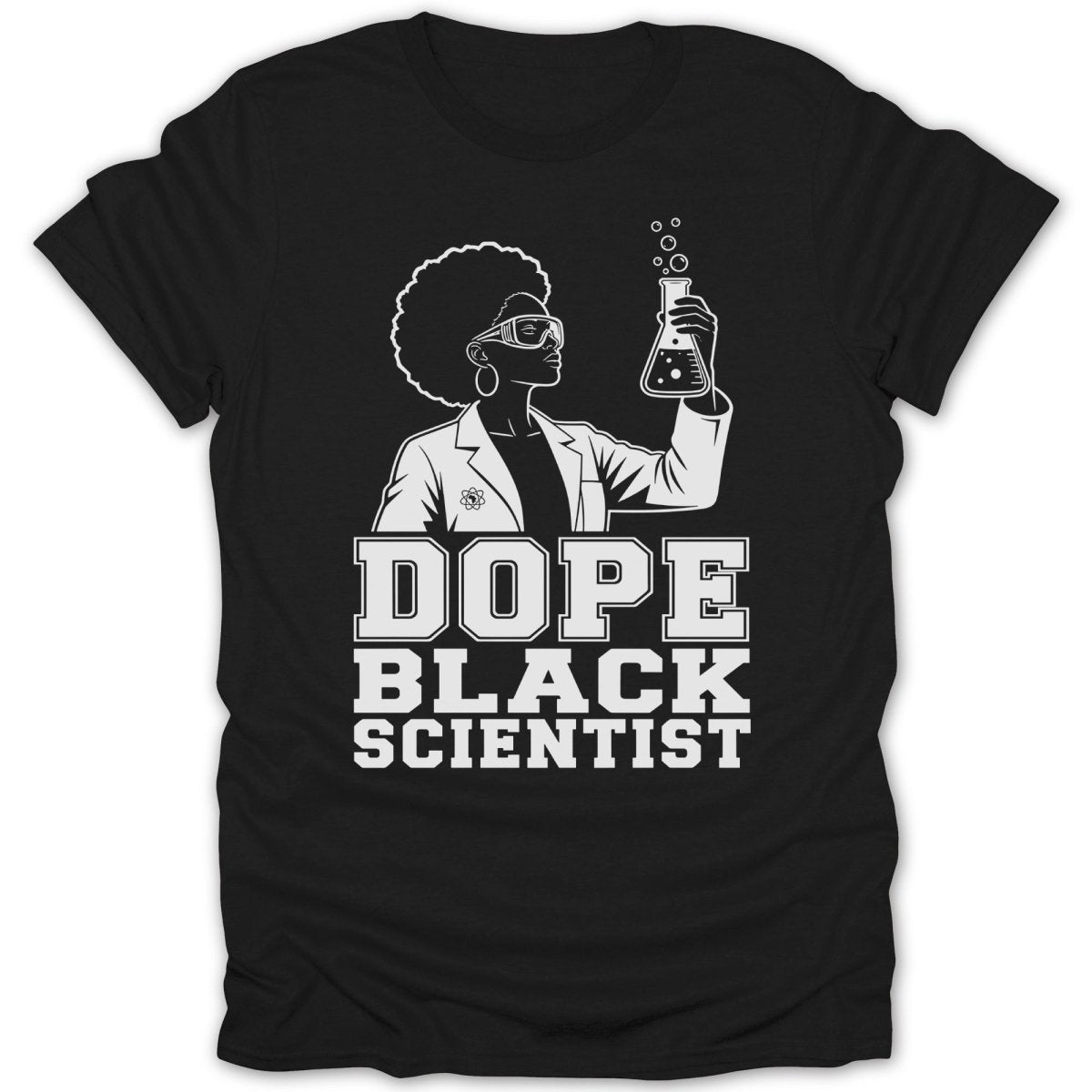 Black t-shirt with white graphic of a woman with an afro, goggles, holding a flask and text.