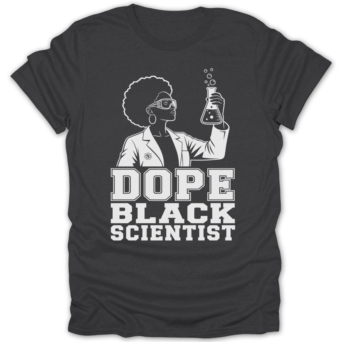 Black woman in lab coat and goggles holding a beaker with bubbles, "Dope Black Scientist" text.
