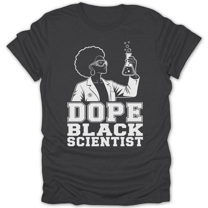 Black woman in lab coat and goggles holding a beaker with bubbles, "Dope Black Scientist" text.
