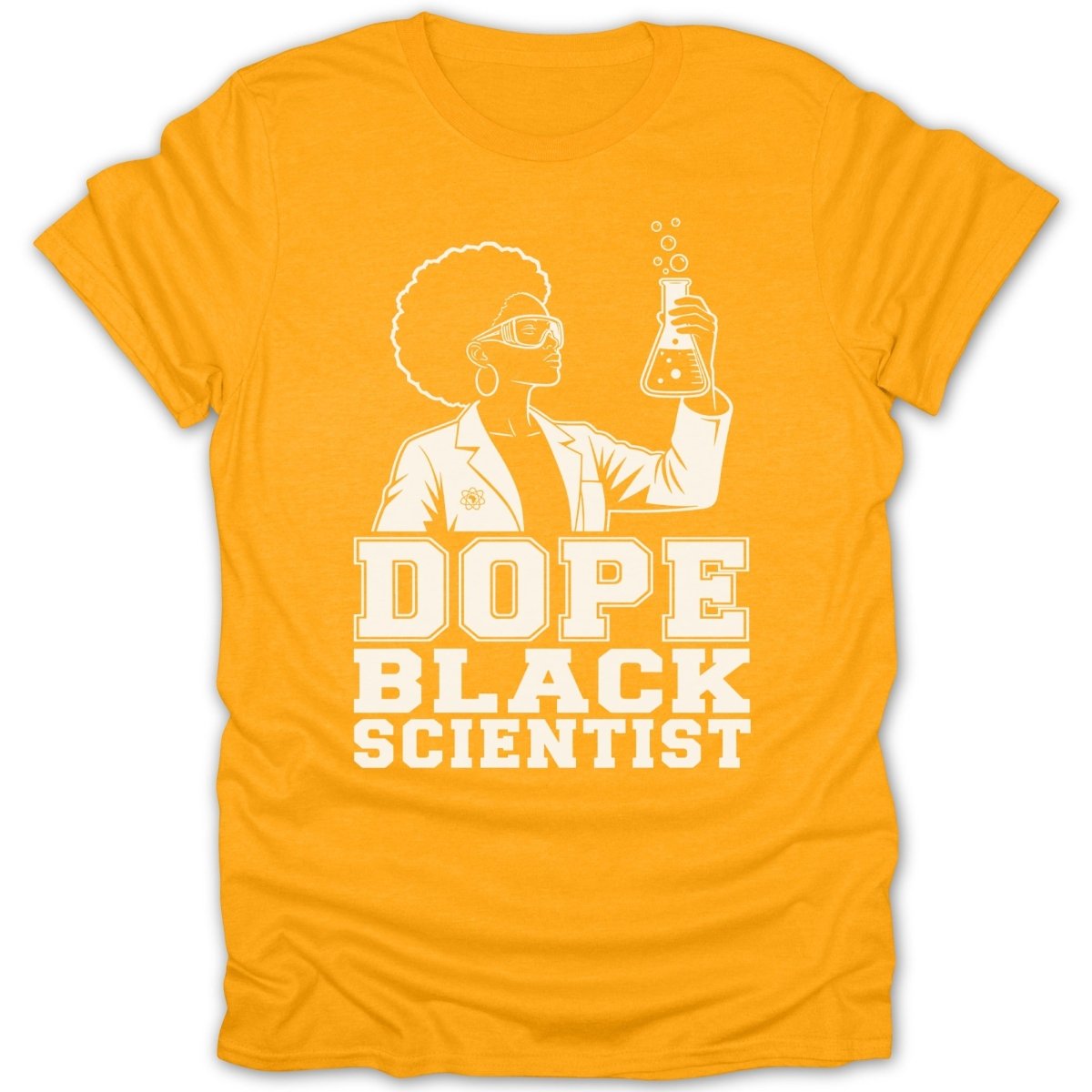 Orange t-shirt with white graphic of a scientist holding a flask reading "Dope Black Scientist".