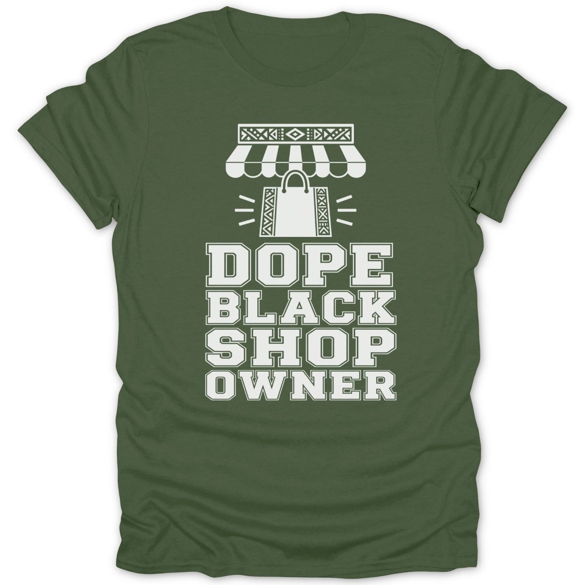 Green t-shirt with white text and graphic of a shop awning and shopping bag.