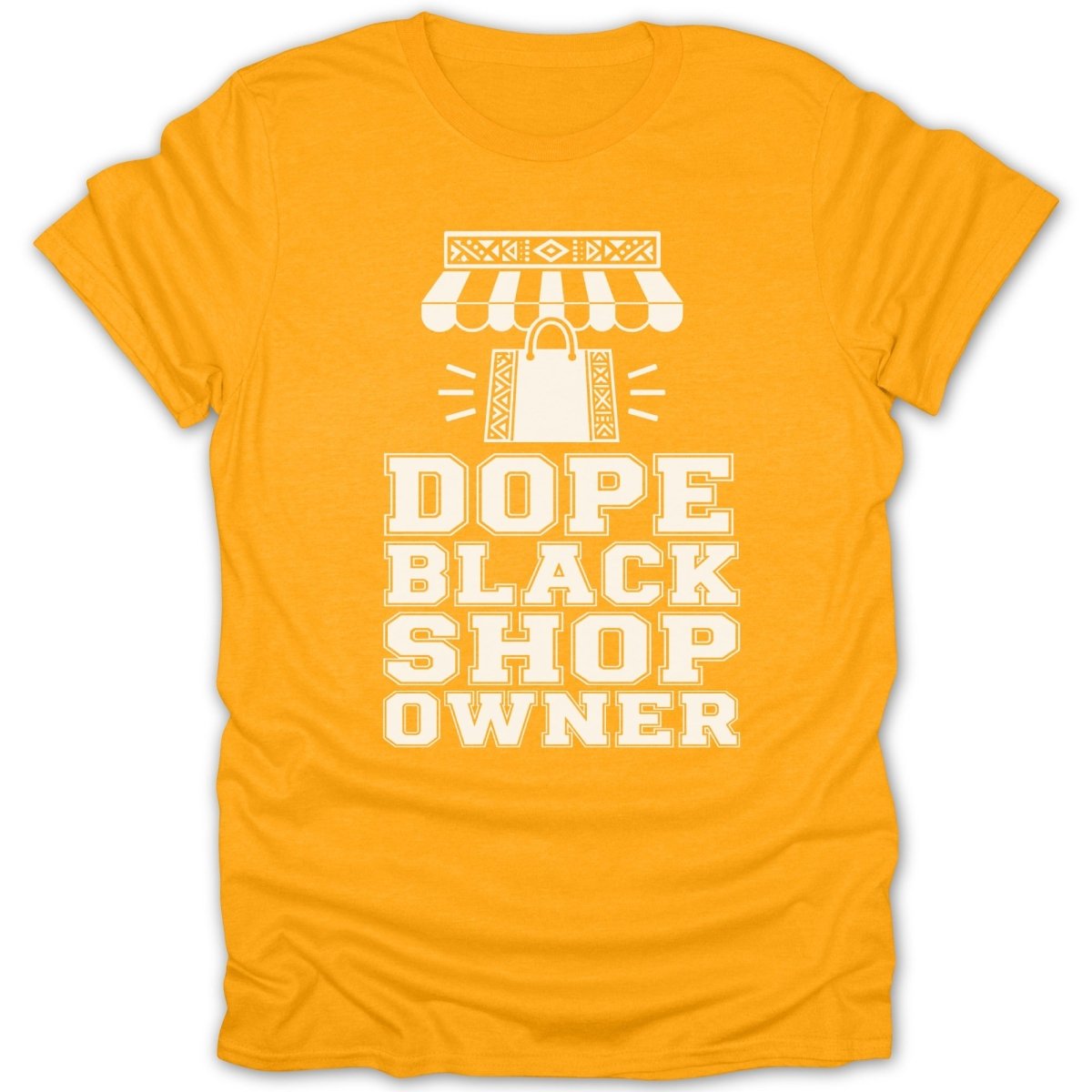 Yellow t-shirt with white text that reads "DOPE BLACK SHOP OWNER" above a shopping bag illustration.