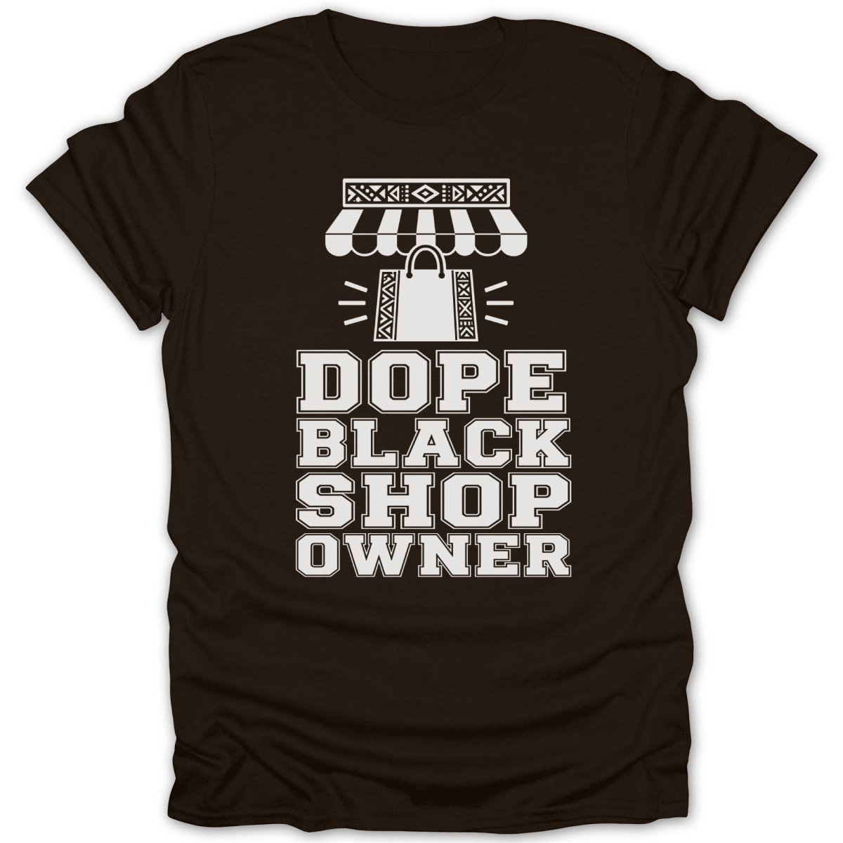 Brown t-shirt with white text "Dope Black Shop Owner" and a shopping bag graphic.