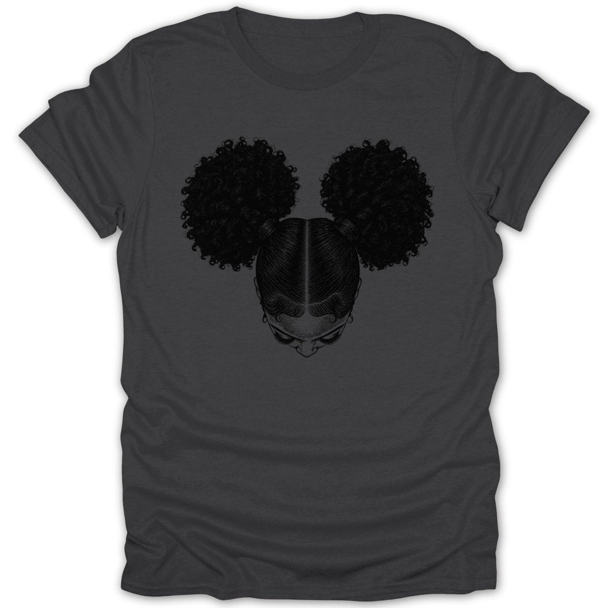 T-shirt with black graphic of a woman's head with two afro puffs.